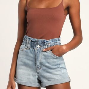 Lulus Chase the Sun Light Wash Paperbag High-Rise Denim Shorts - Size XS